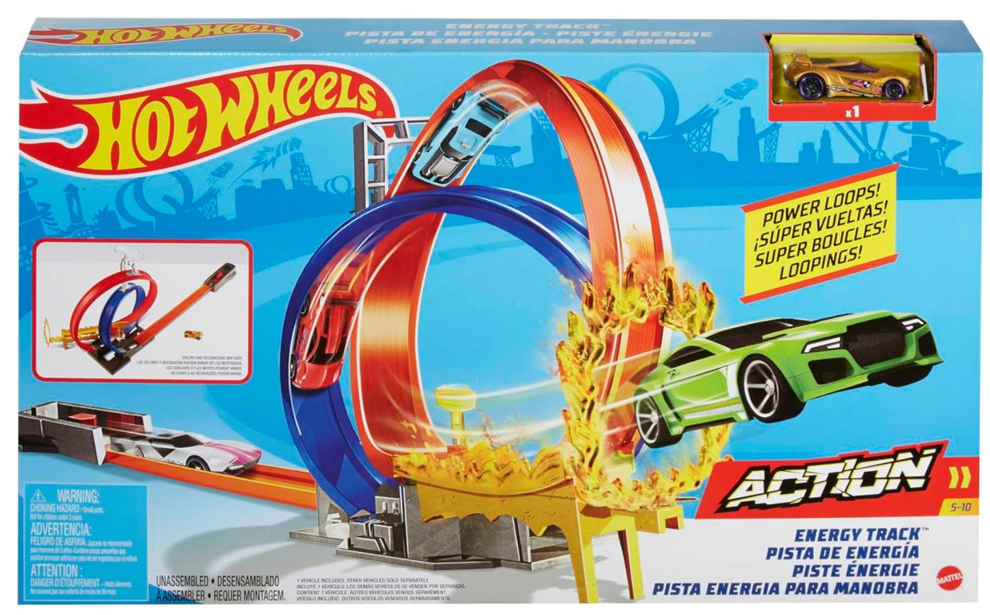 Hot Wheels Energy Track set with orange loop, yellow flame launch ramp, and two racing cars, green and black.