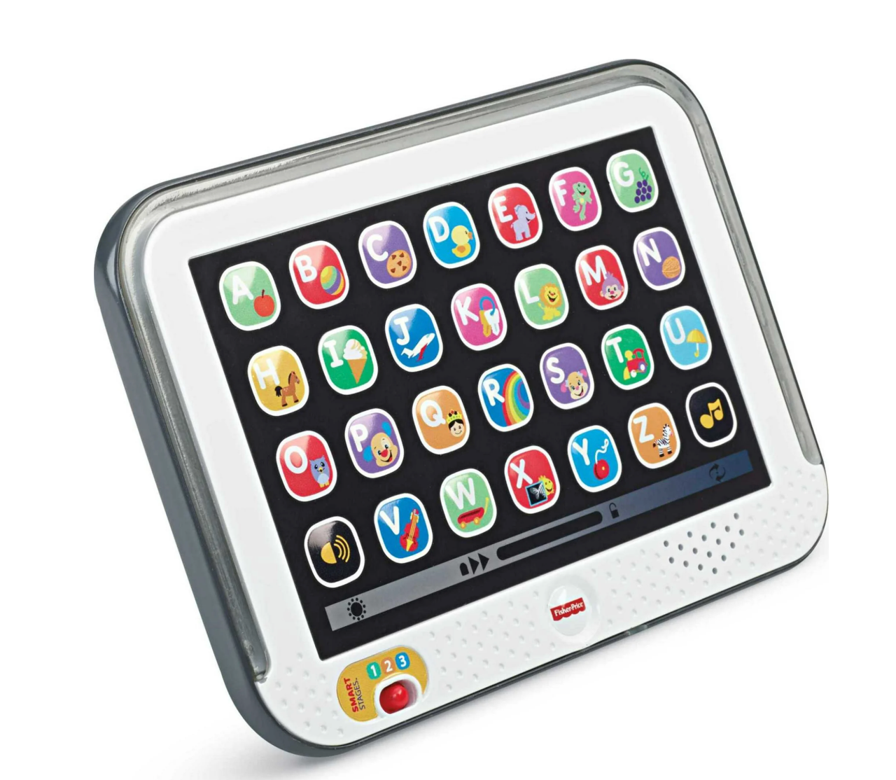 Gray and white toy tablet with colorful alphabet buttons and interactive learning icons.