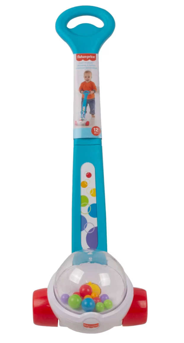Fisher-Price Corn Popper toy with blue handle, translucent dome, and colorful balls inside on red wheels.