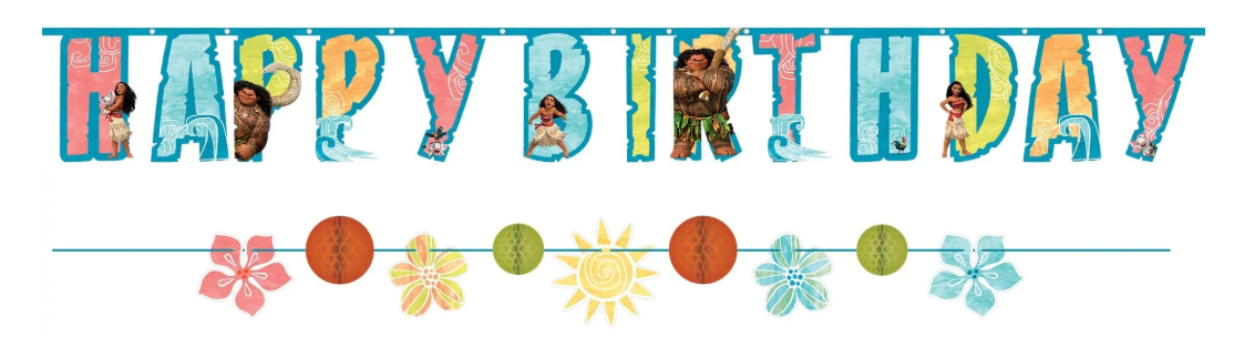 Colorful Disney Moana-themed "Happy Birthday" banner with character illustrations and tropical flower and sun garland.