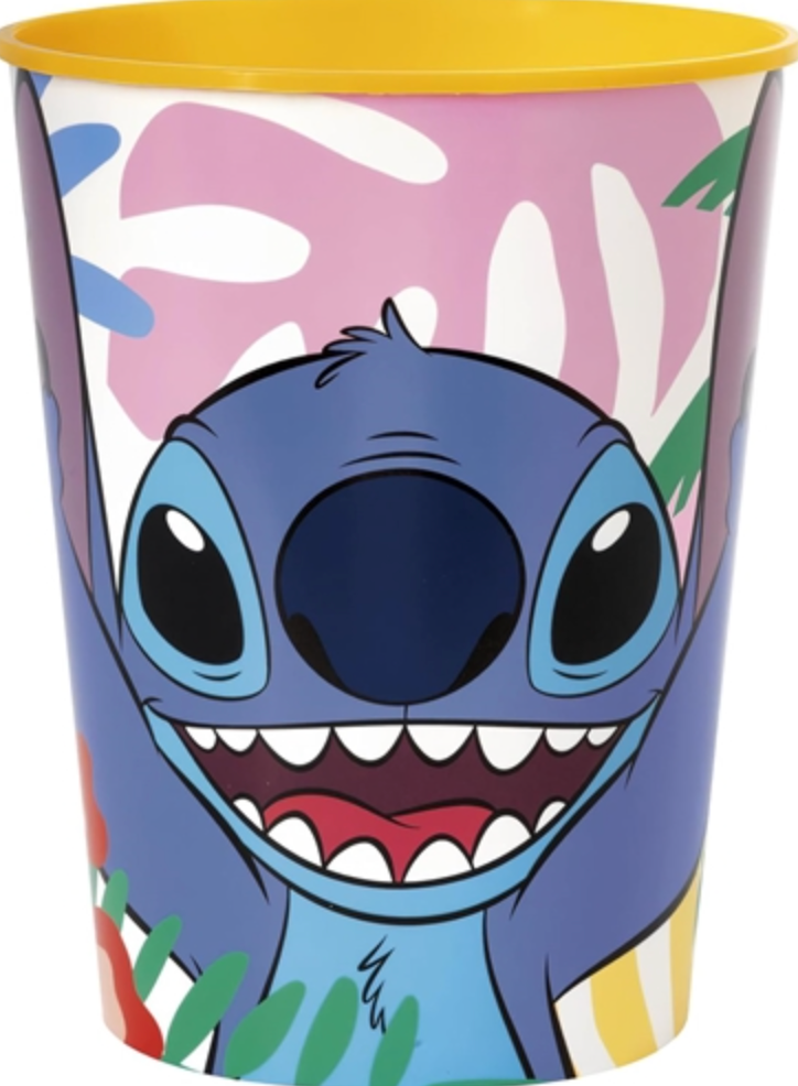 Plastic cup with colorful Lilo and Stitch design, featuring Stitch's smiling face and floral background, yellow interior,.