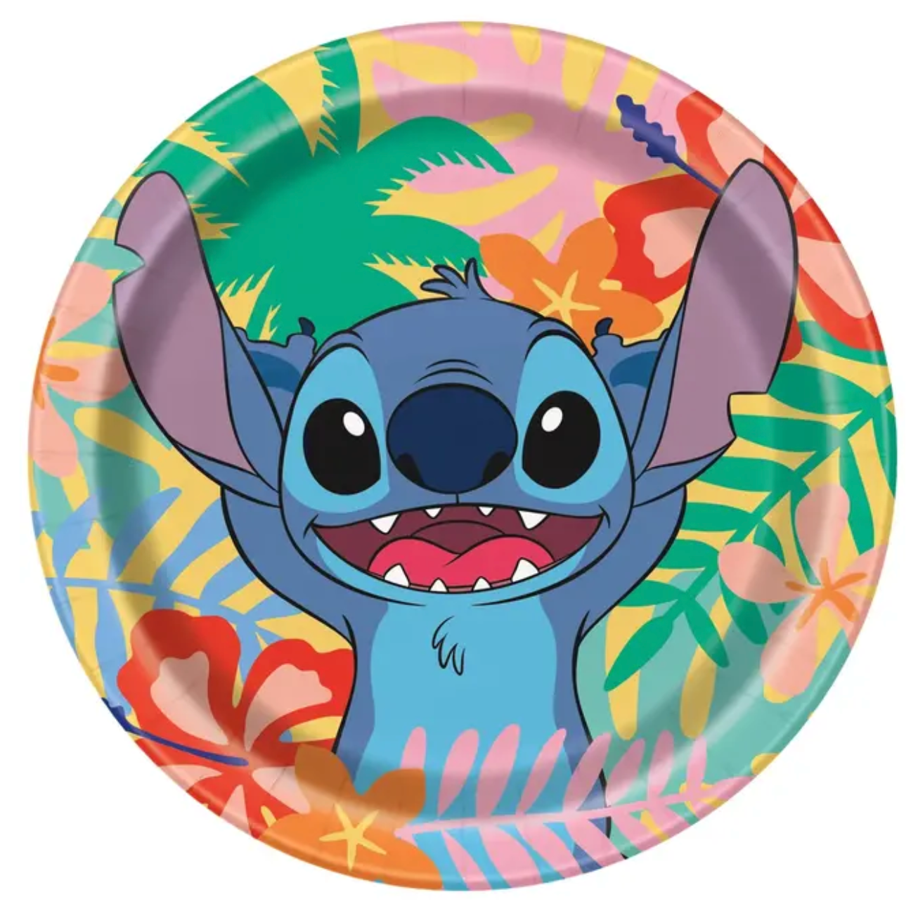 Round colorful plate with tropical leaves and flowers, featuring large smiling blue Stitch character in center.