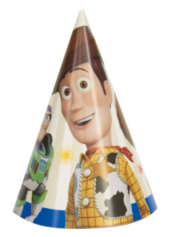 Cone-shaped party hat featuring Woody and Buzz Lightyear from Toy Story 4 with a white tip and colorful background.