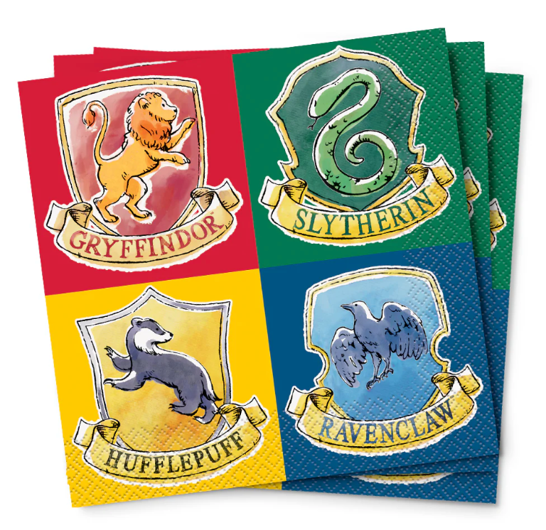 Red Gryffindor, green Slytherin, yellow Hufflepuff, and blue Ravenclaw, each with mascot illustrations.