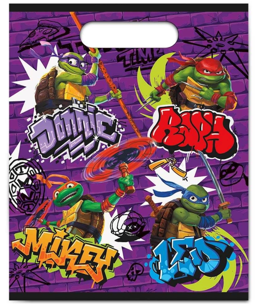 Purple plastic loot bag featuring colorful Teenage Mutant Ninja Turtles characters and graffiti-style names Donnie, Raph,.