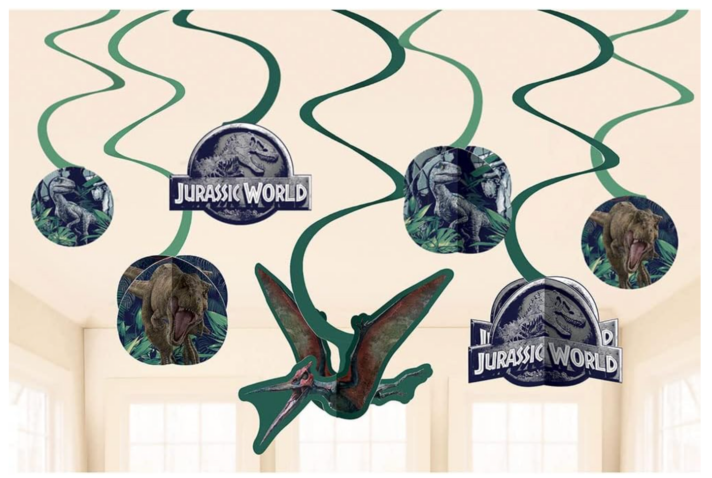 Set of 12 Jurassic World 3D spiral hanging decorations with dinosaur and logo cutouts in green and dark tones.