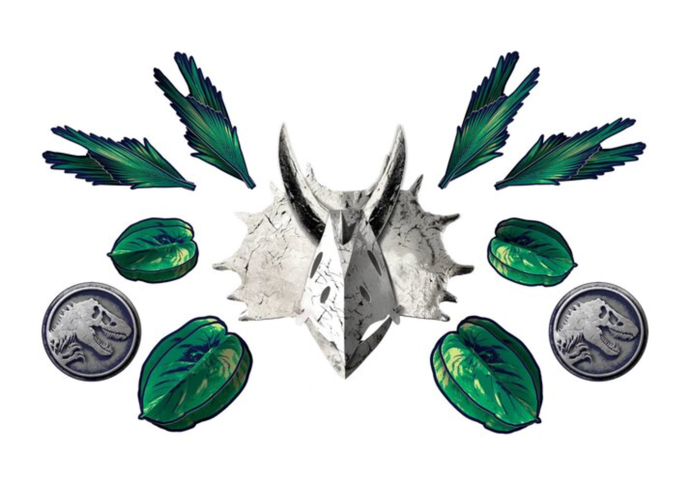 Gray Triceratops dinosaur head wall decor with green leaves and Jurassic World logo accents.