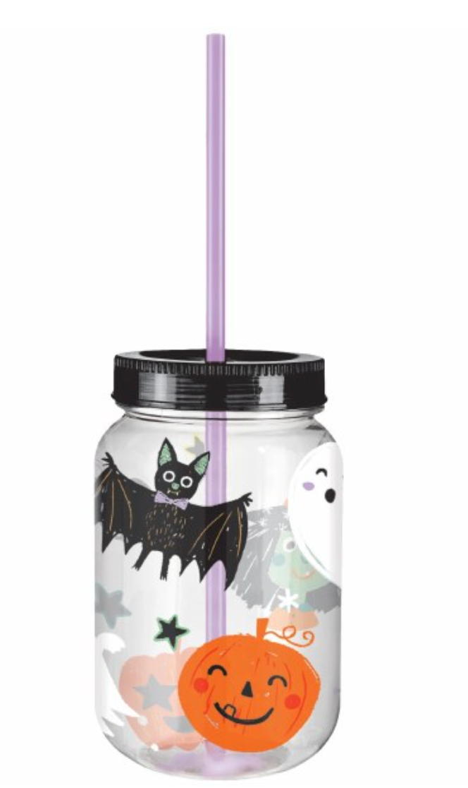 Clear plastic Mason cup with black lid, purple straw, and Halloween designs including a smiling pumpkin, ghost, bat, and.
