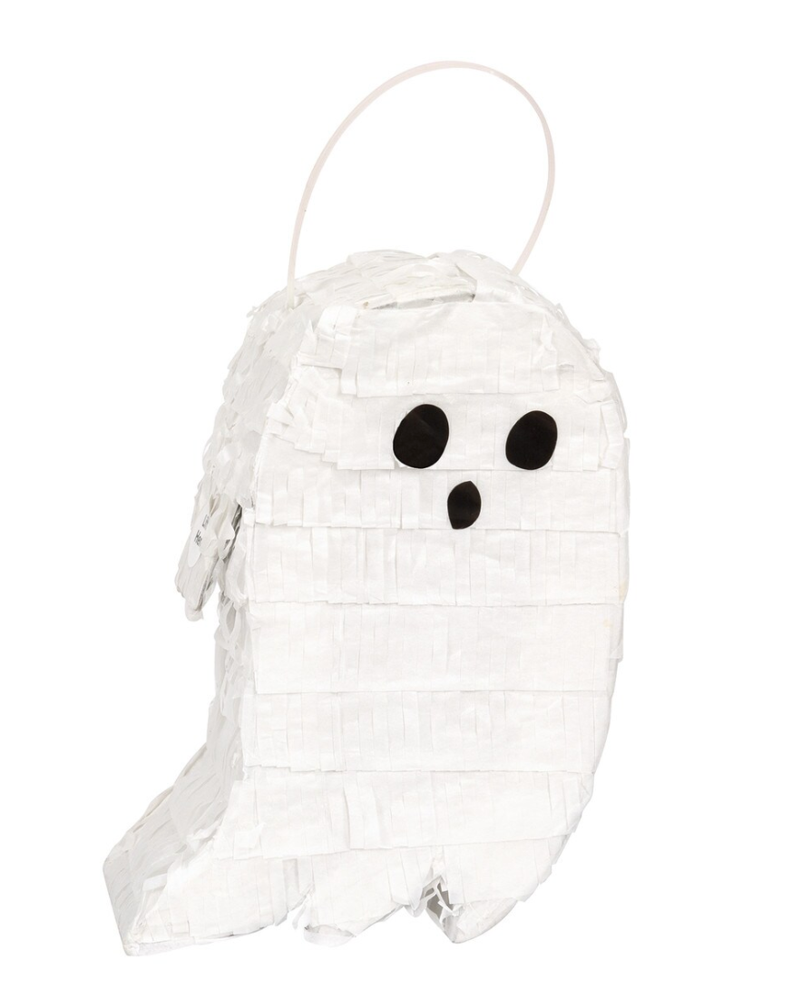 White mini ghost piñata with black eyes and mouth, hanging loop on top.