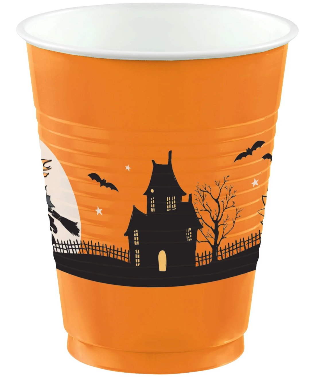Orange plastic cup with black haunted house, bats, bare trees, and full moon Halloween design.