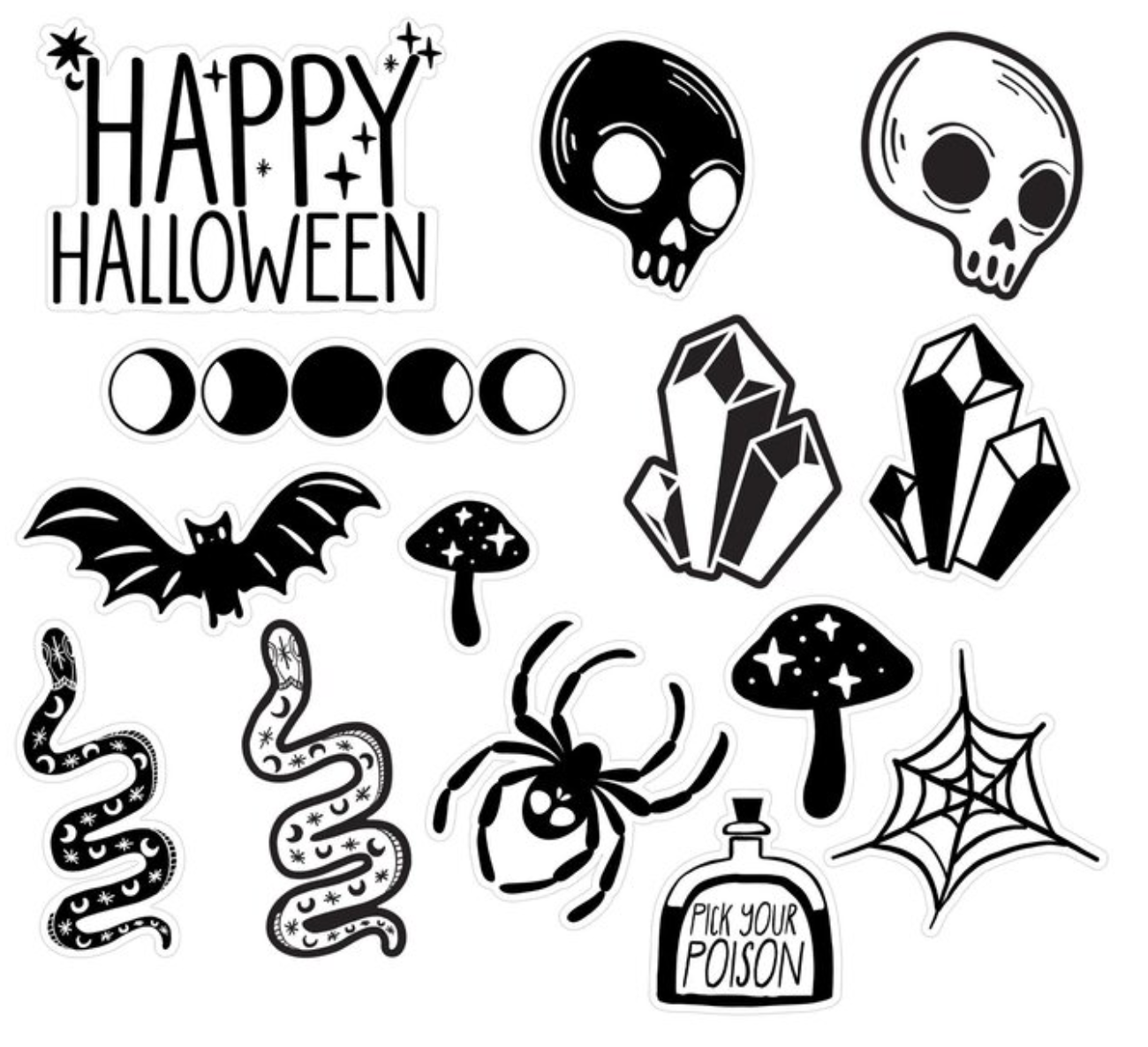Black and white Halloween cutouts including "Happy Halloween" text, skulls, crystals, bats, snakes, spiders, mushrooms, a.