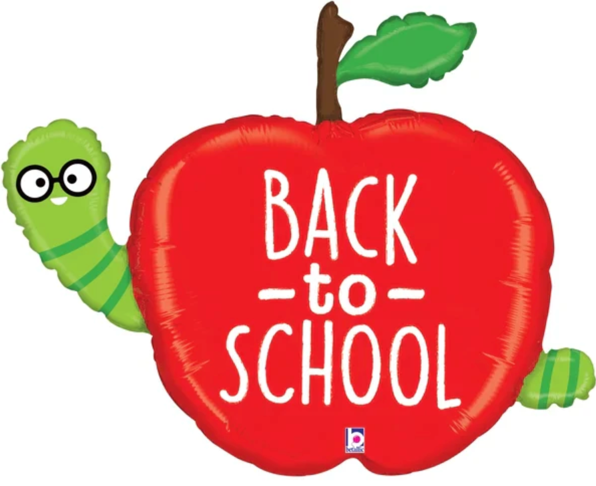 Red foil balloon shaped like an apple with green leaf and friendly green worm wearing glasses, white "Back to School" text.
