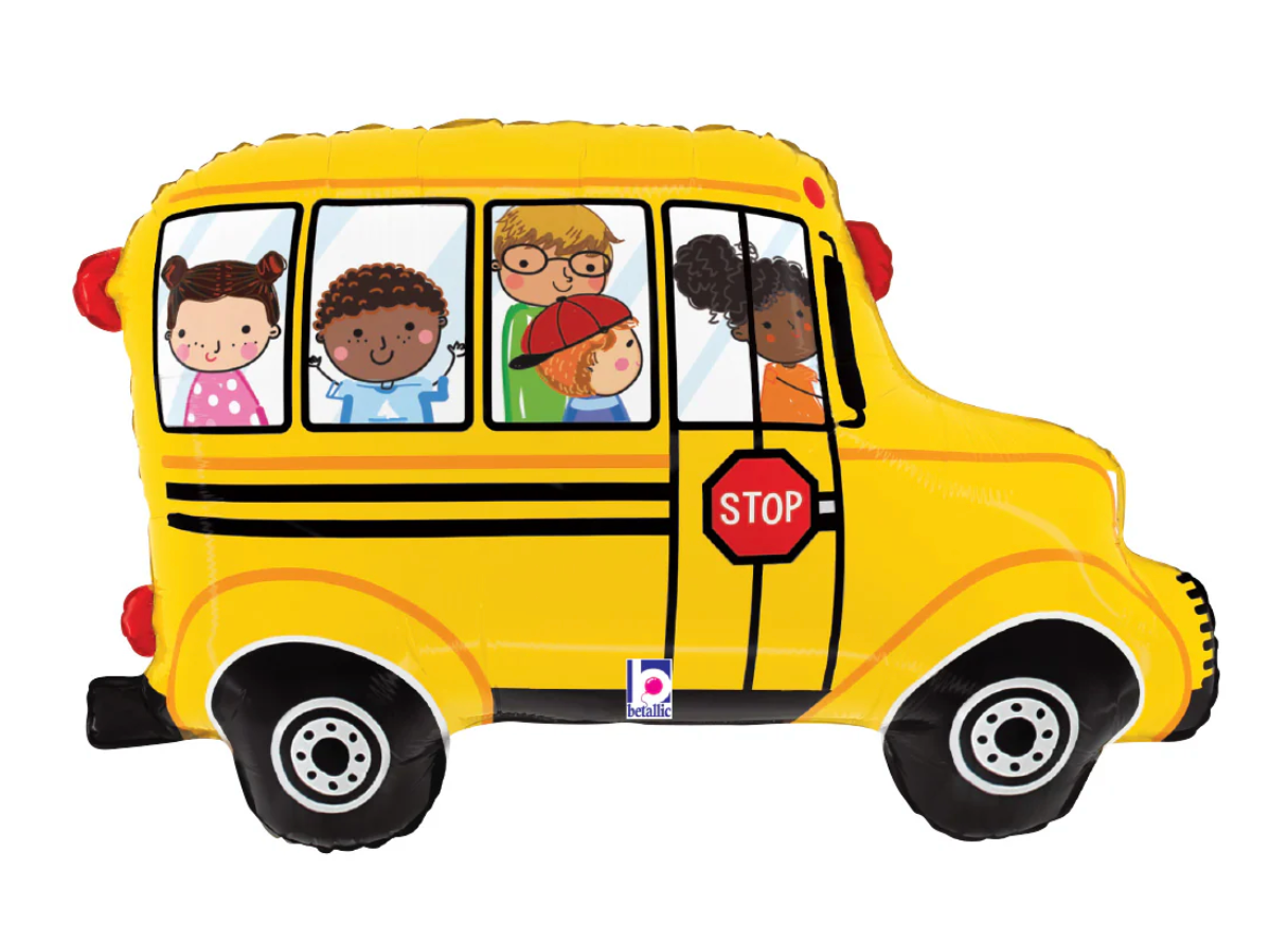 Yellow foil balloon shaped like a school bus with cartoon children visible through windows and a red stop sign on side.