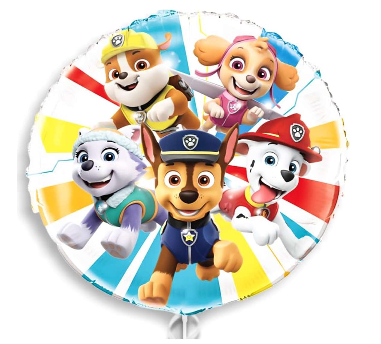 Round 18-inch foil balloon featuring colorful Paw Patrol characters with blue, red, yellow, and white striped background.