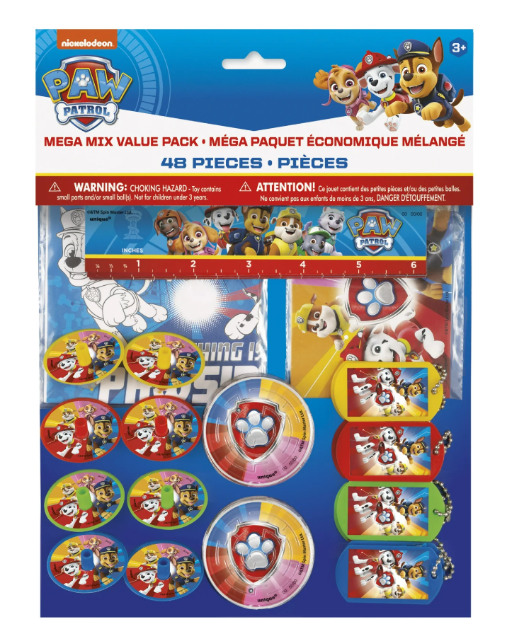 48-piece Paw Patrol favor pack with colorful badges and stickers featuring characters on red, blue, and yellow backgrounds.