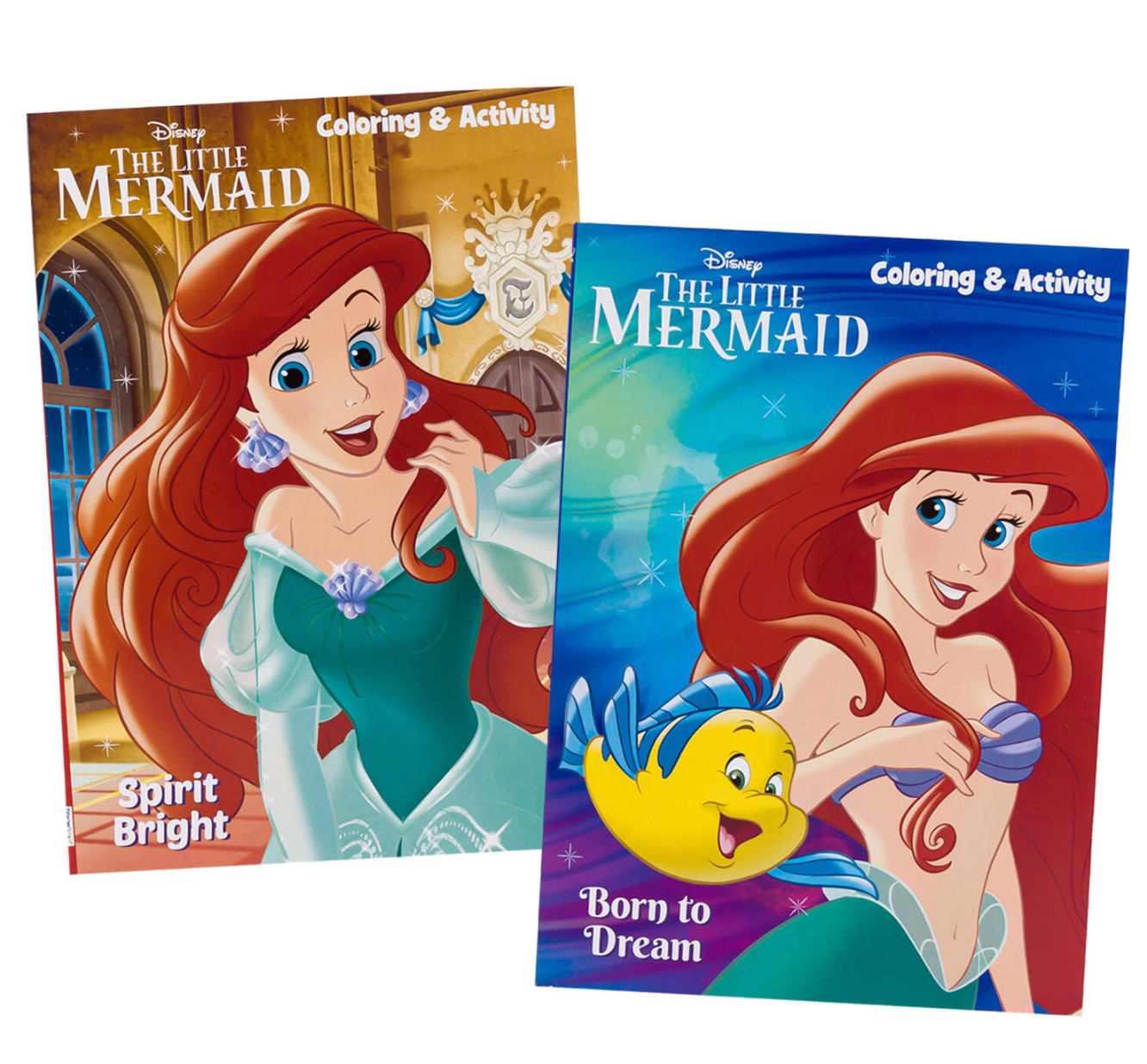 Two Disney The Little Mermaid coloring books with Ariel on the covers, one with an underwater scene and Flounder, the other.