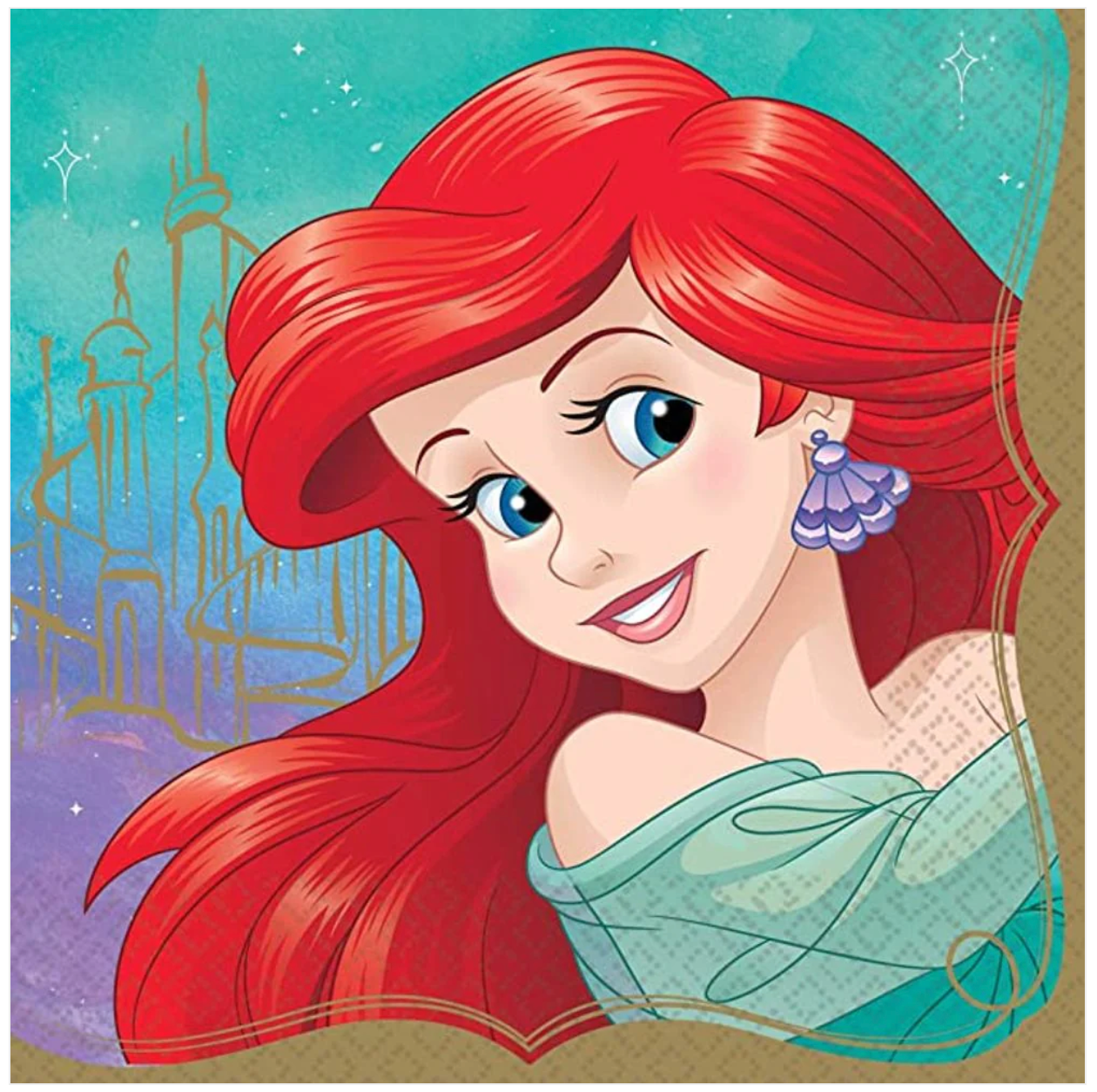 Square luncheon napkin with teal background featuring Ariel from The Little Mermaid with flowing red hair and seashell.