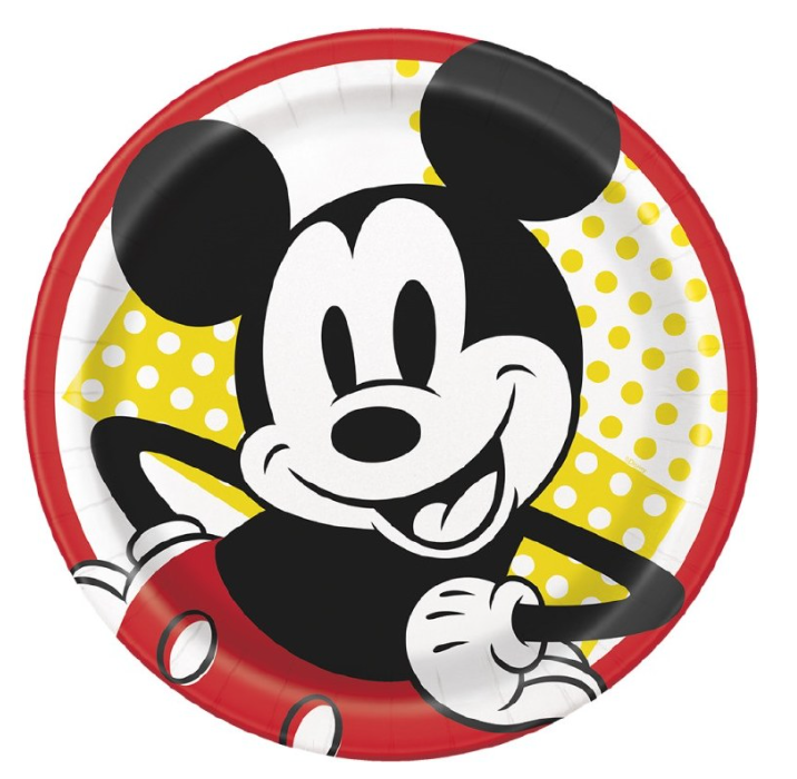 Round 9-inch paper plate with red border, yellow polka dot background, and smiling Mickey Mouse graphic in center.