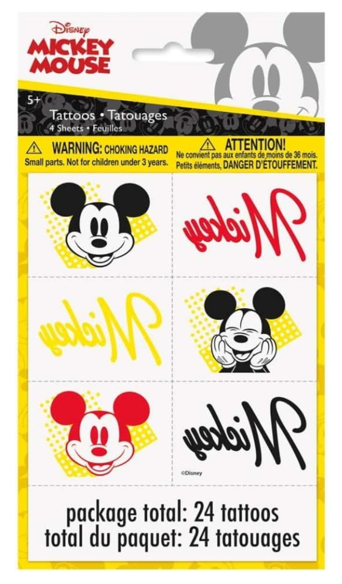 Pack of 24 colorful Mickey Mouse temporary tattoos with red, black, and yellow designs featuring Mickey’s face and signature.