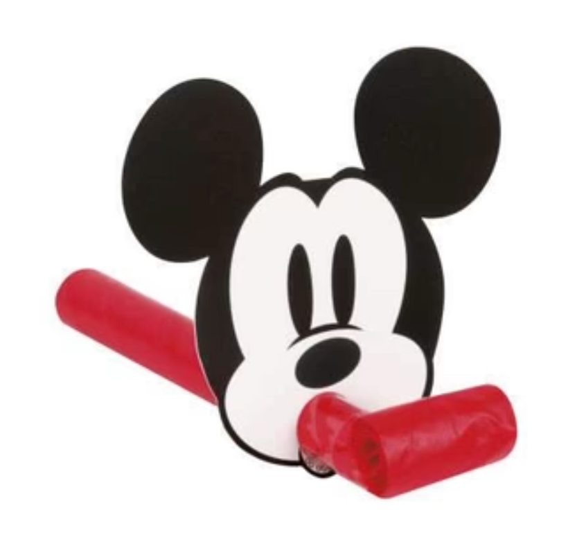 Red party blowout with black and white Mickey Mouse face and ears attached.