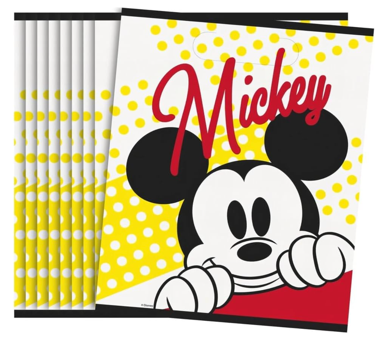 Set of eight square loot bags featuring Mickey Mouse with red text and yellow polka dot background.