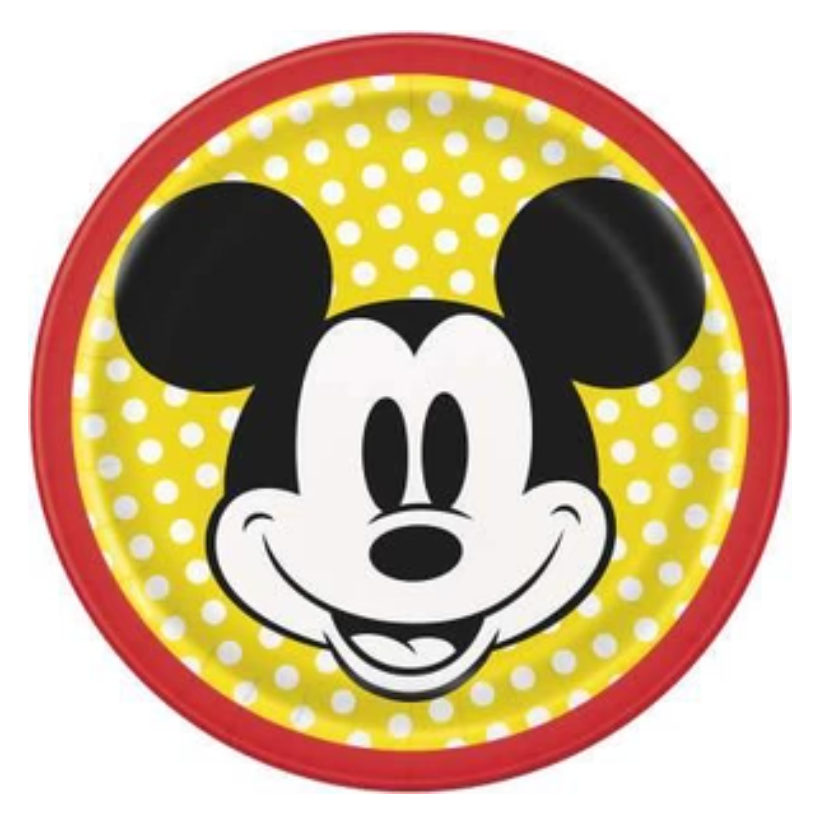 7-inch round paper plate with red rim, yellow polka dot background, and smiling Mickey Mouse face in center.