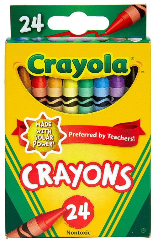 Box of 24 Crayola crayons featuring a yellow and green design with a clear window showing assorted colors.