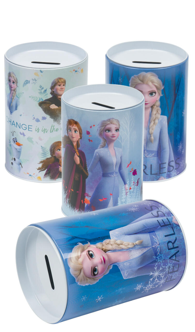 Set of four cylindrical plastic coin banks featuring blue and white Frozen-themed designs with characters Elsa and Anna,.
