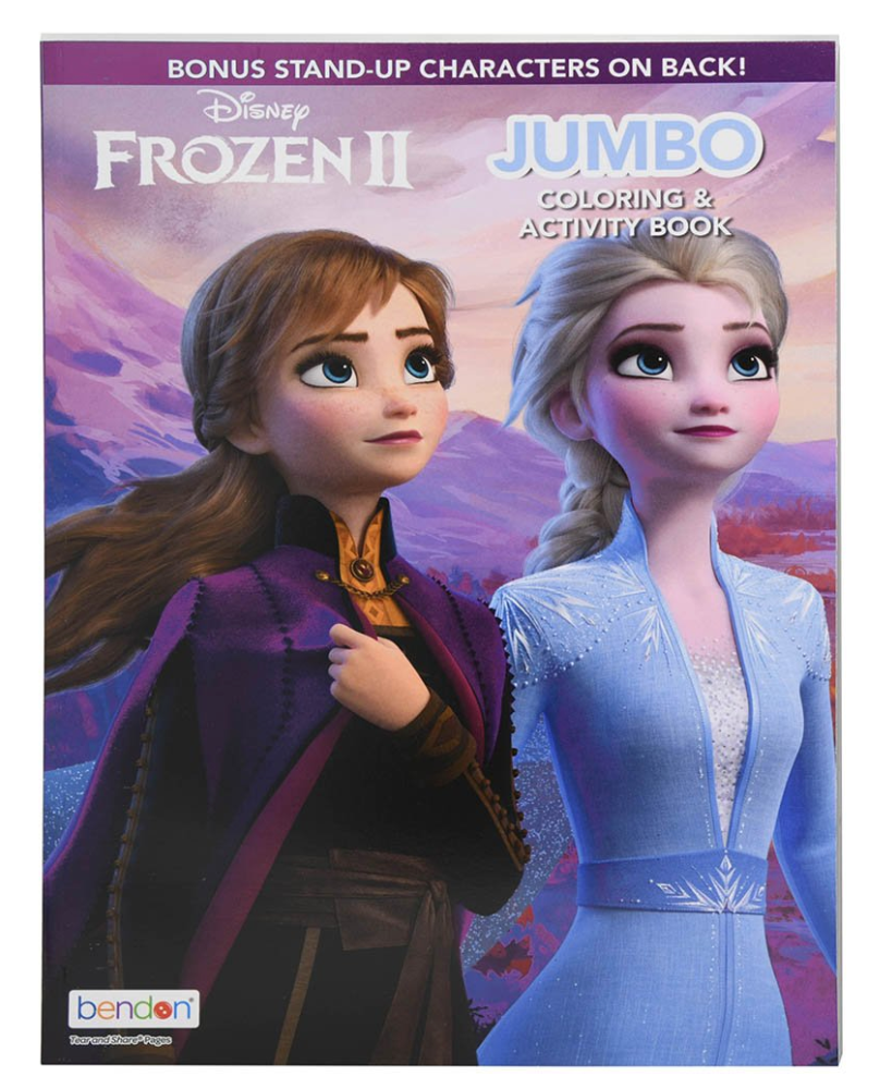 Purple and blue Frozen 2 jumbo coloring and activity book featuring characters Anna and Elsa on the cover.