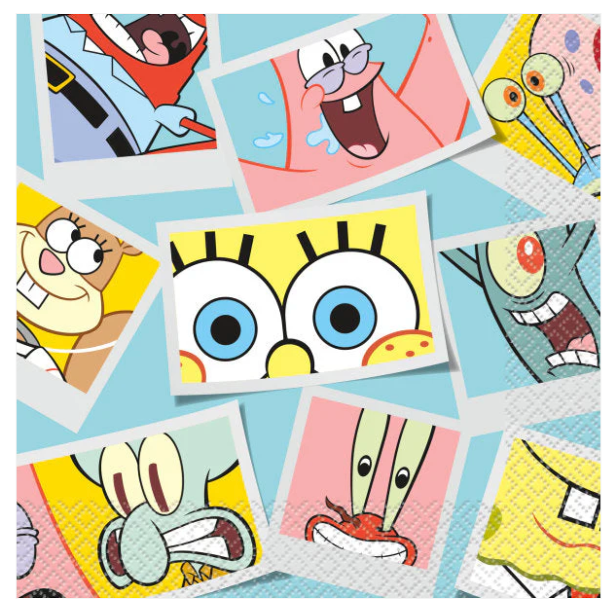Colorful napkins featuring close-up faces of SpongeBob SquarePants characters on a light blue background.