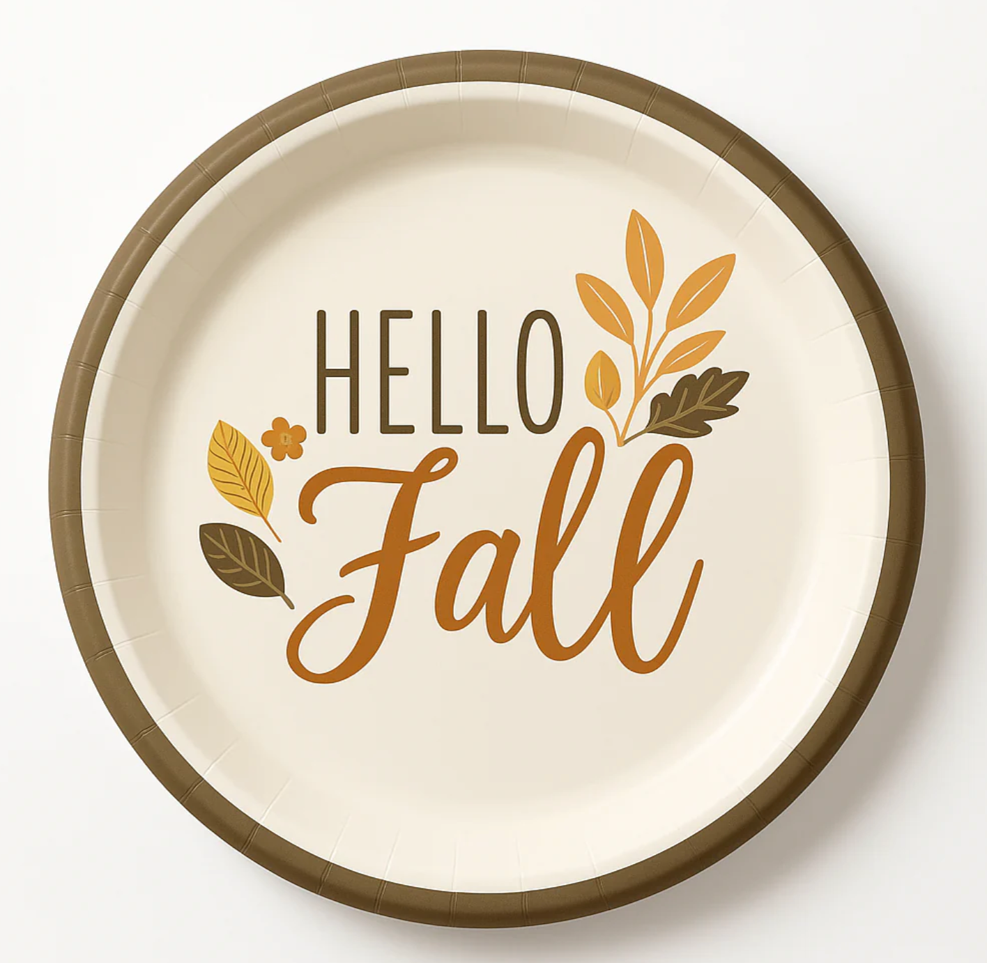 7-inch round paper plates with brown rim and "Hello Fall" text decorated with autumn leaves.