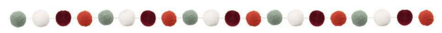 Garland of felt pom poms in fall colors including orange, brown, red, green, and cream, strung on a natural twine string.