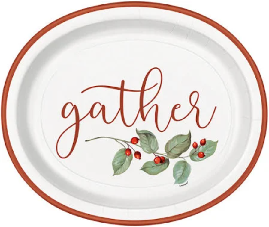 12-inch oval white plate with burnt orange rim, "gather" script and green leaves with red berries design.
