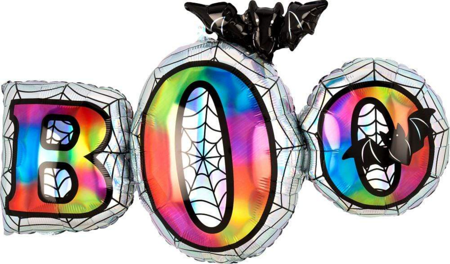 35-inch iridescent foil balloon spelling "BOO" with black spider webs, bats, and silver spider web outlines.