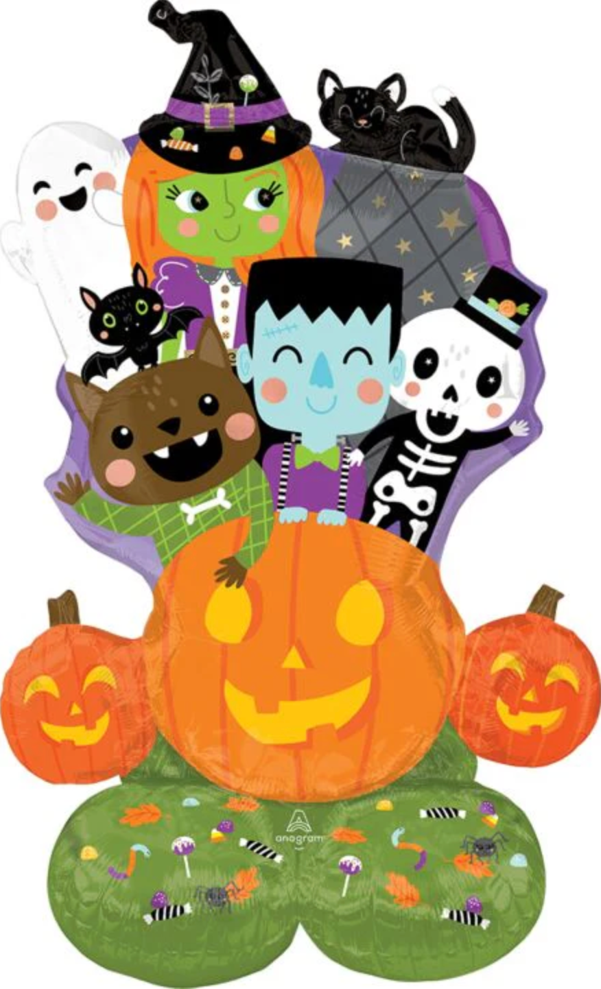 Colorful 48-inch foil Halloween balloon featuring a pumpkin, ghost, witch, skeleton, vampire, and black cats on a green.
