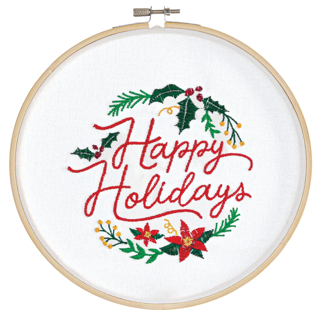 Round embroidery hoop sign with "Happy Holidays" in red script, decorated with green holly, red berries, and poinsettia.
