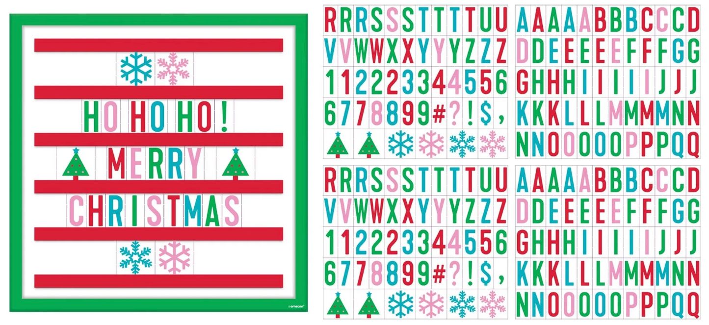 Square Christmas cardboard message board with red and green border and interchangeable letters and symbols in red, green,.