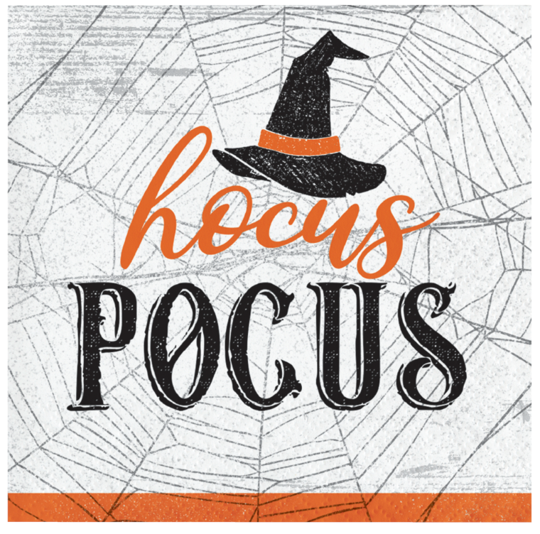 Square beverage napkin with black spiderweb background, "hocus pocus" text in orange and black, witch hat graphic, and.