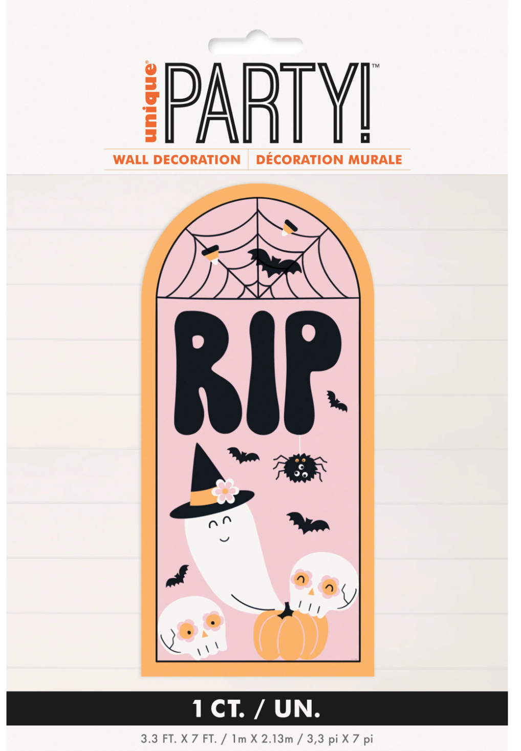 Pink tombstone-shaped Halloween wall decor with black RIP text, a ghost wearing a witch hat, bats, spider web, and two white