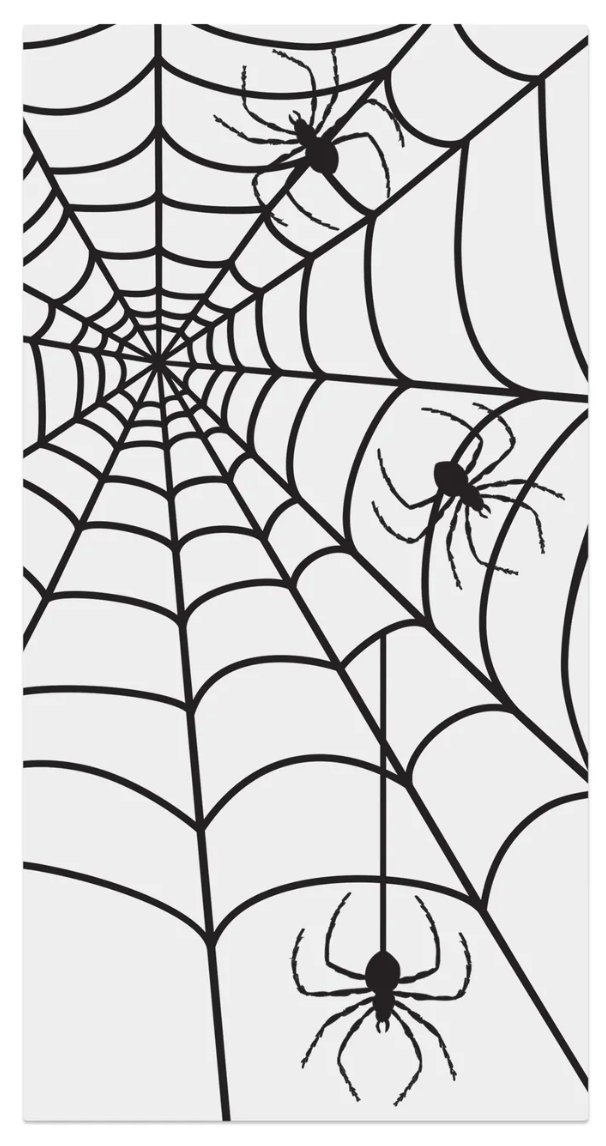 White rectangular door decoration featuring black spiderweb design with three black spiders suspended on threads.