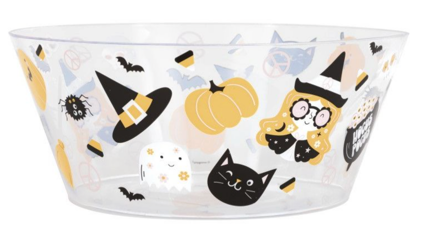 Clear plastic 10-inch serving bowl with black, orange, and white Halloween icons including pumpkins, cats, witches' hats,.