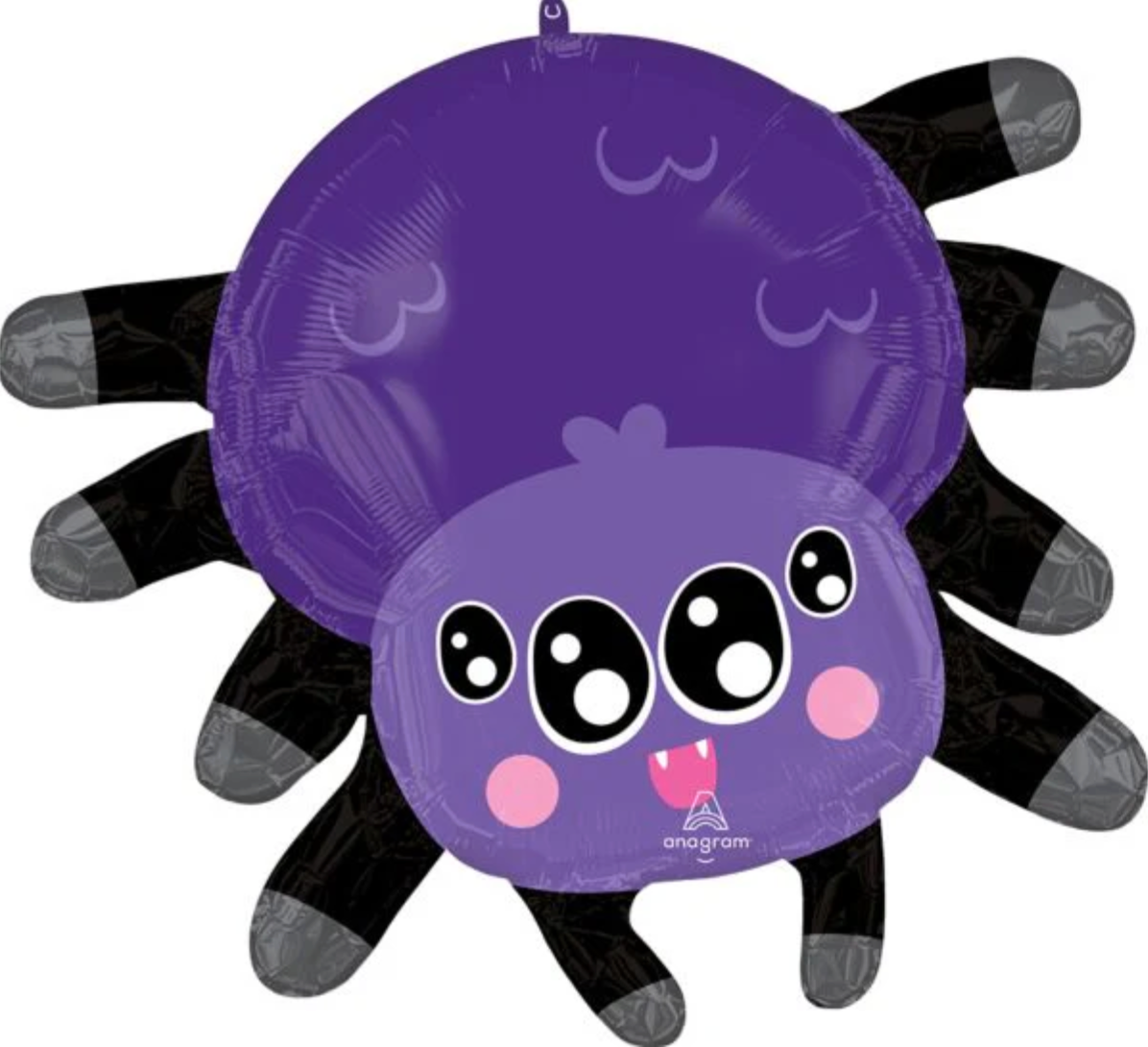 Purple and black foil spider balloon with large cartoon eyes and pink cheeks, 27 inches wide.