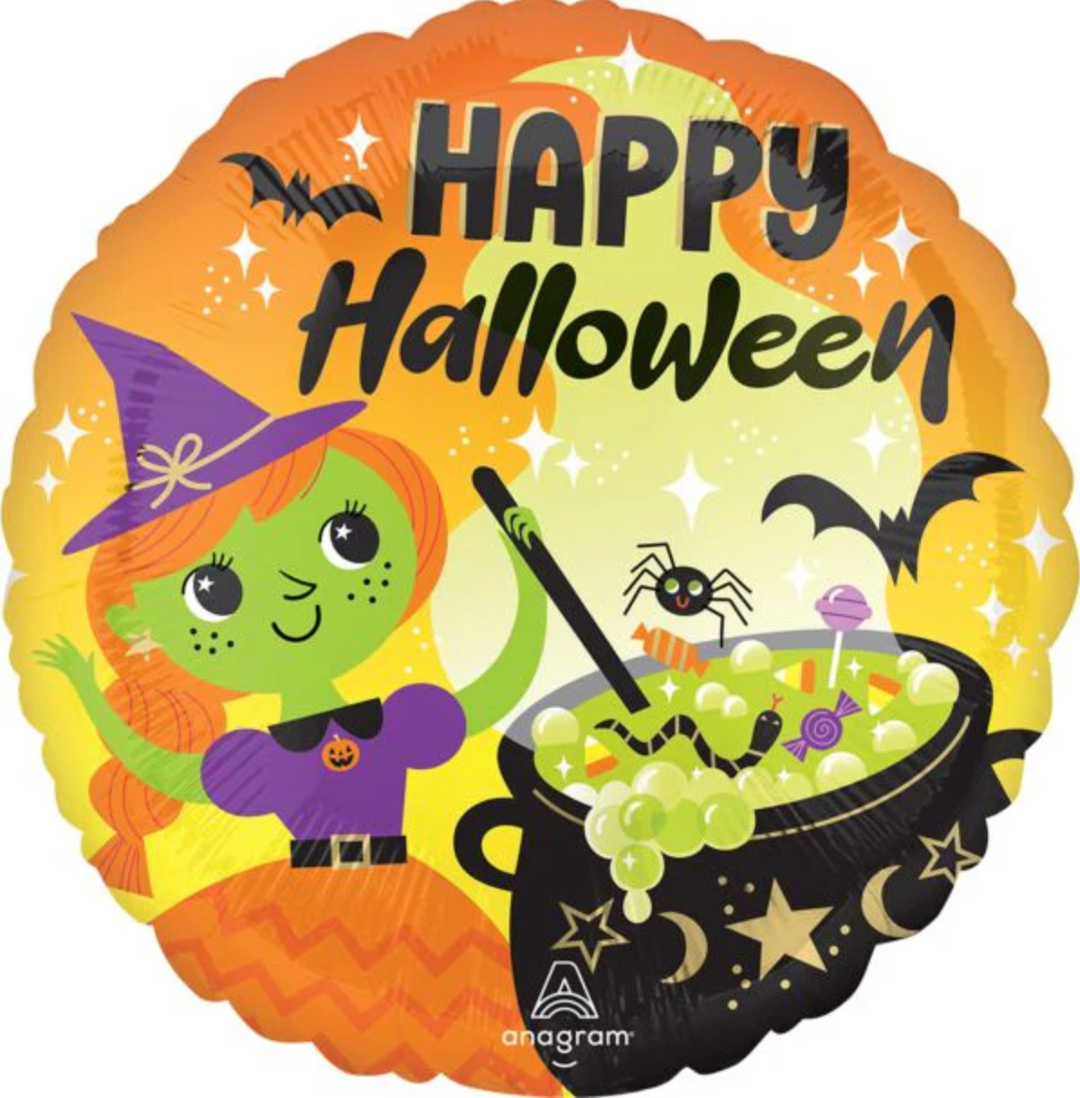 Round foil balloon with orange to yellow gradient background, featuring a green witch with orange hair and purple hat.