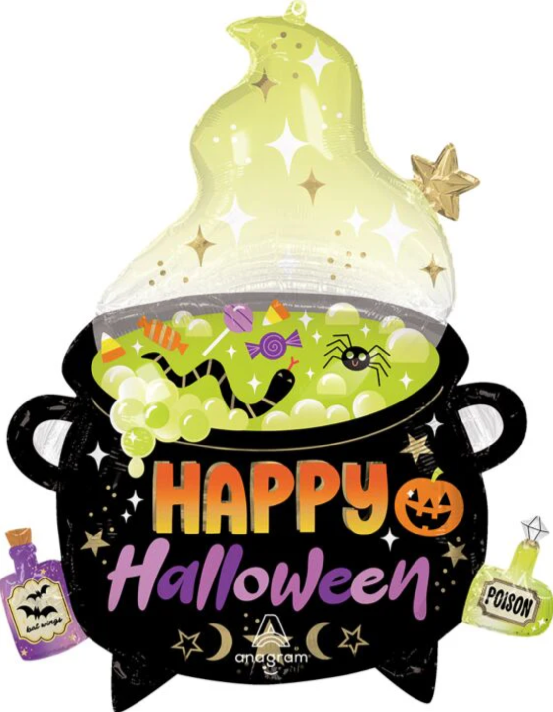 Black cauldron-shaped foil balloon with green bubbling potion, spiders, and "Happy Halloween" text in orange and purple.
