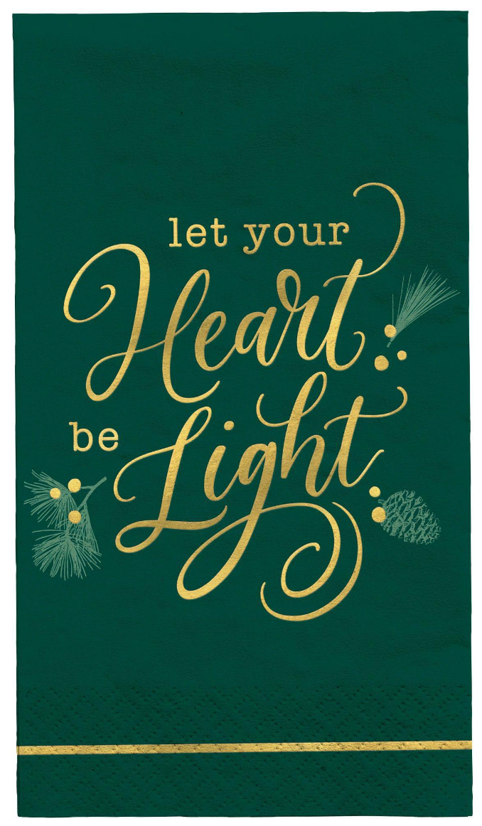 Dark green guest towel with gold script reading "let your Heart be light" and pinecone accents, 16-count pack.