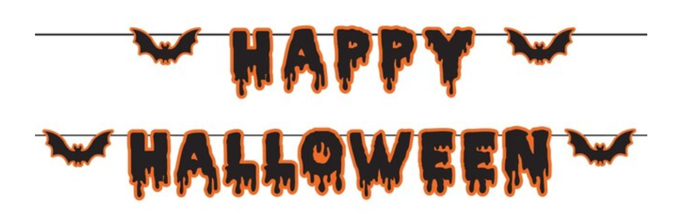 Two black string banners with orange-outlined letters spelling "HAPPY" and "HALLOWEEN," decorated with bat silhouettes and a
