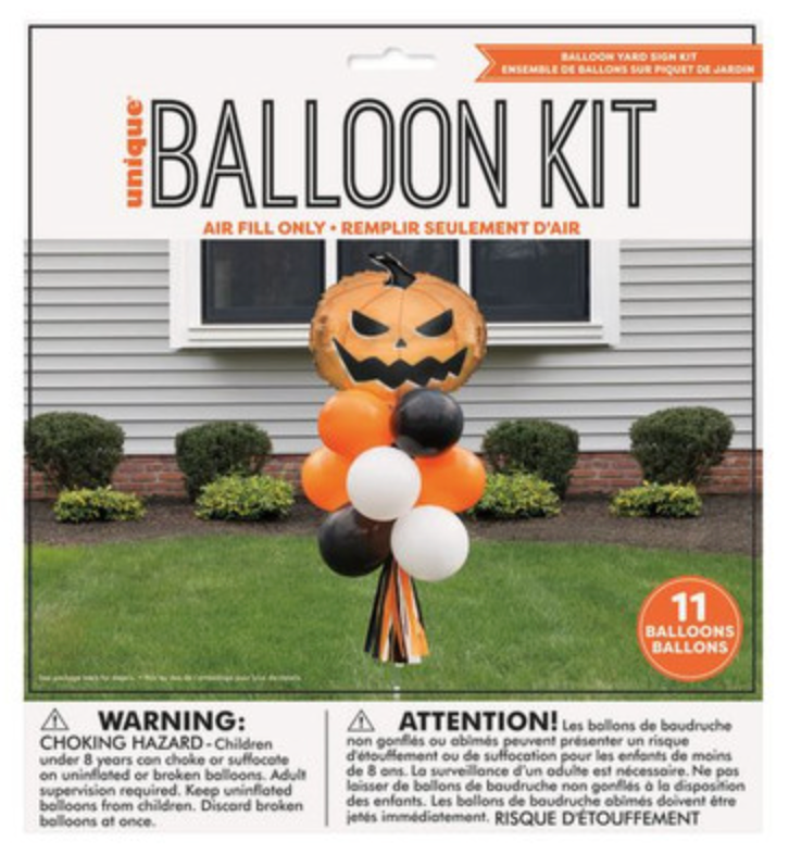 Halloween balloon kit with an inflatable orange jack-o'-lantern foil balloon, plus black, white, and orange latex balloons.