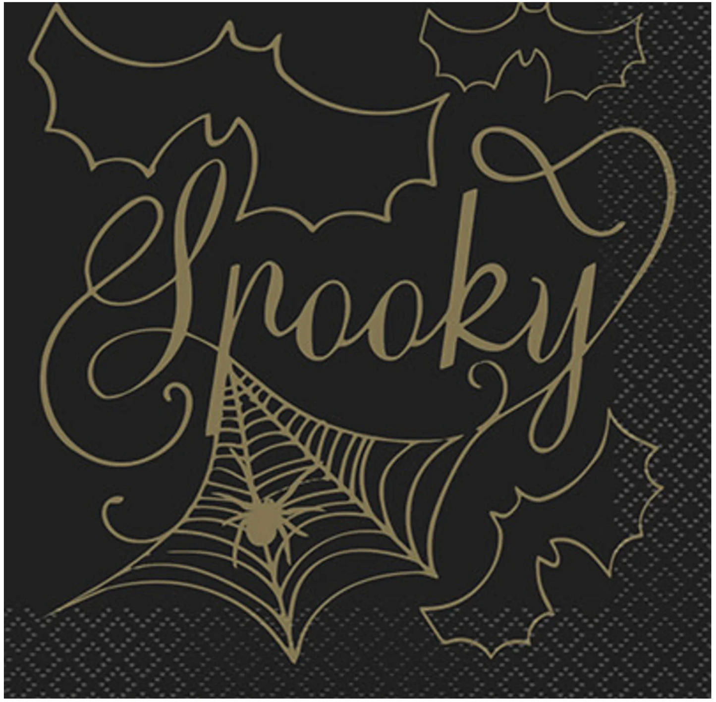 Black paper napkin with gold spiderweb, bats, and "Spooky" script for Halloween party decor.