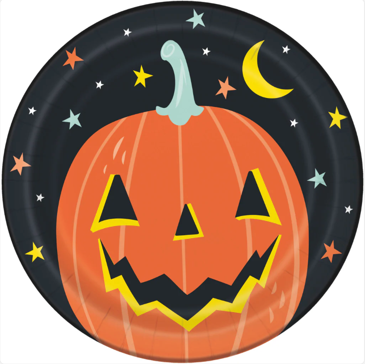 Black 9-inch paper plate with smiling jack-o'-lantern and yellow stars, crescent moon, and colorful accents.