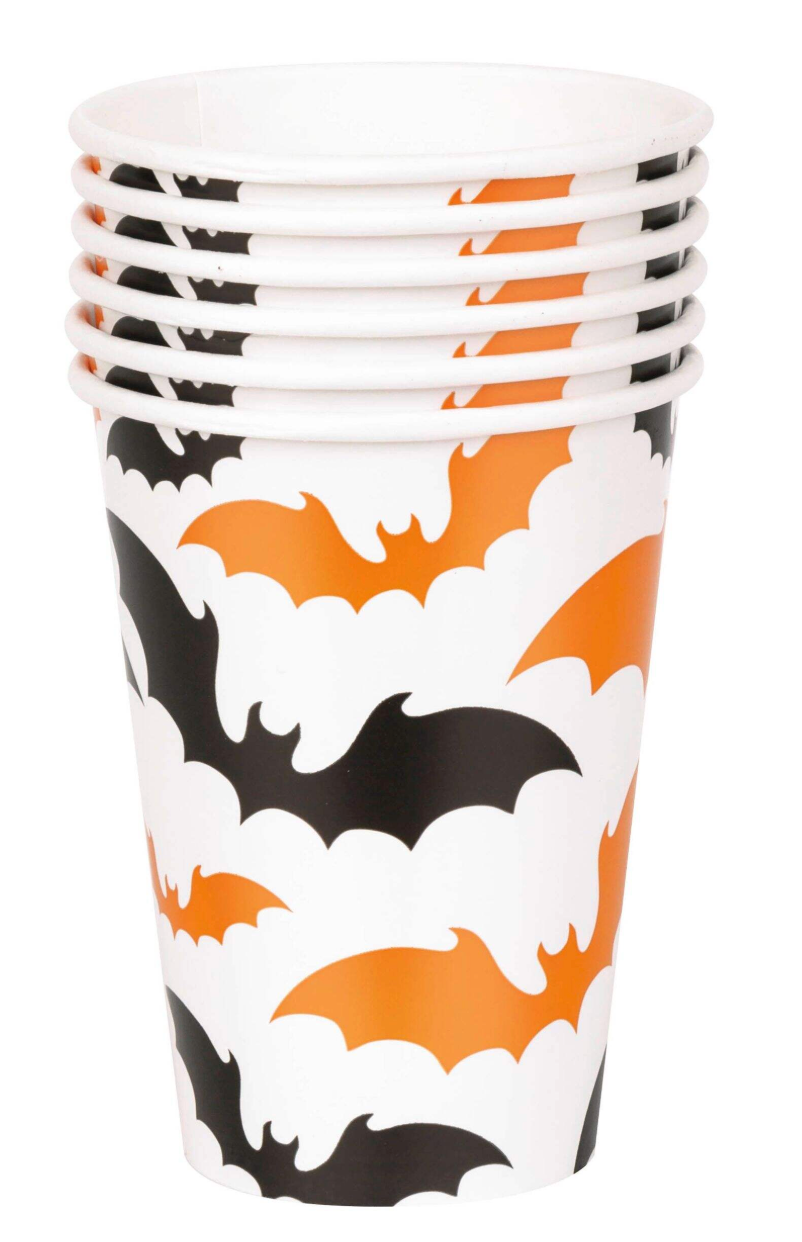 Stack of white 12oz paper cups with alternating orange and black bat silhouettes for Halloween party decor.